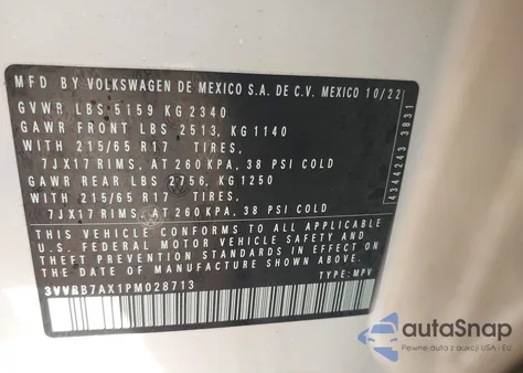 2023 Volkswagen Tiguan 2.0T S z USA, uszkodzony, nr VIN 3VVRB7AX1PM028713